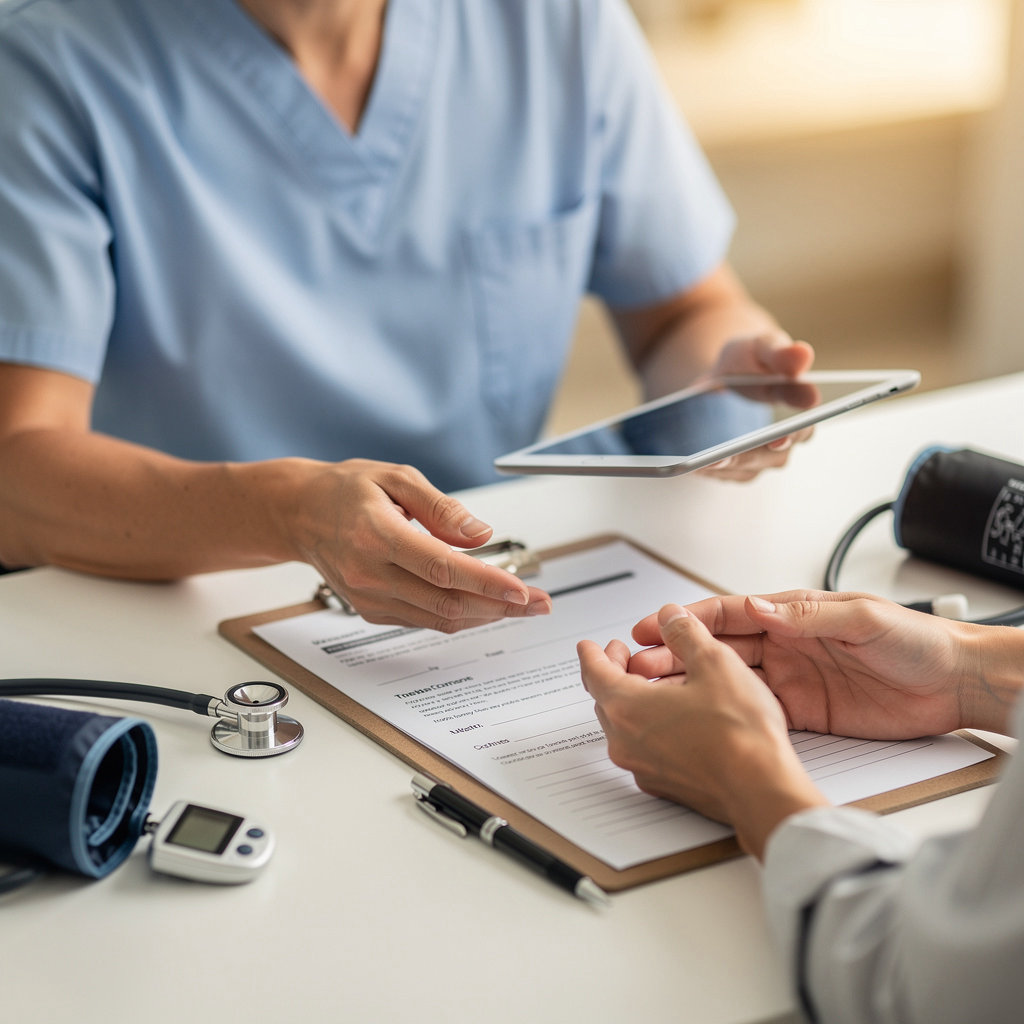 Teresa A. Spinosa, NP San Diego guiding a patient through a clear, step-by-step healthcare process in a calming environment